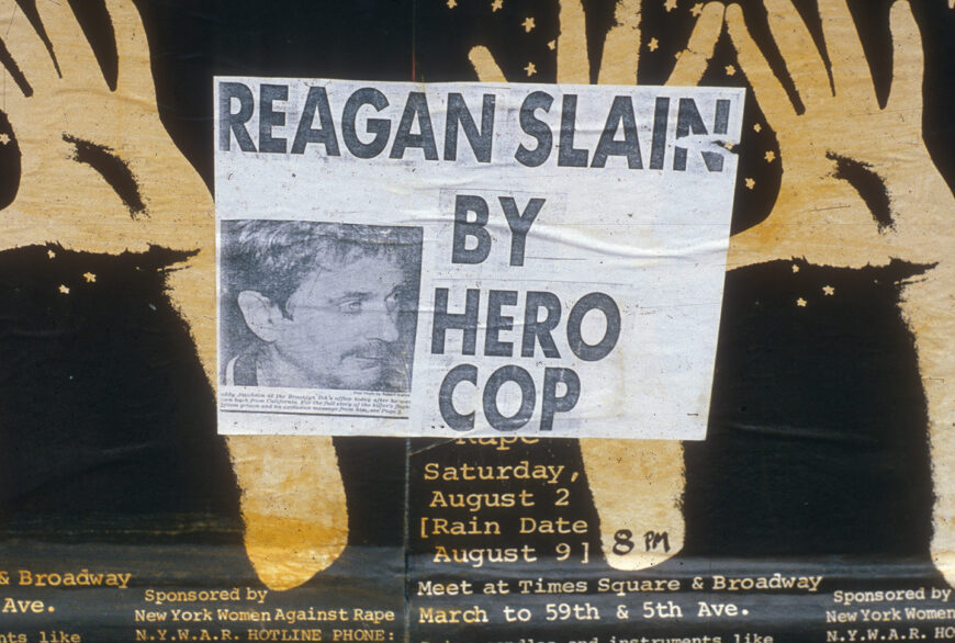 “Reagan Slain by Hero Cop” flyer made from Keith Haring's original newspaper collage done, wheat-pasted onto a wall in New York, c. 1980 © Keith Haring Foundation