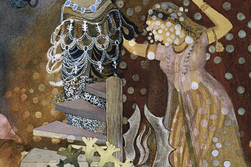 Figure covered in white and gray dots (detail), Shahzia Sikander, Pleasure Pillars, 2001, vegetable color, dry pigment, watercolor, and tea on wasli paper, 43.2 x 30.5 cm (Collection of Amita and Purnendu Chatterjee) © Shahzia Sikander, courtesy: the artist, Sean Kelly, New York and Pilar Corrias, London