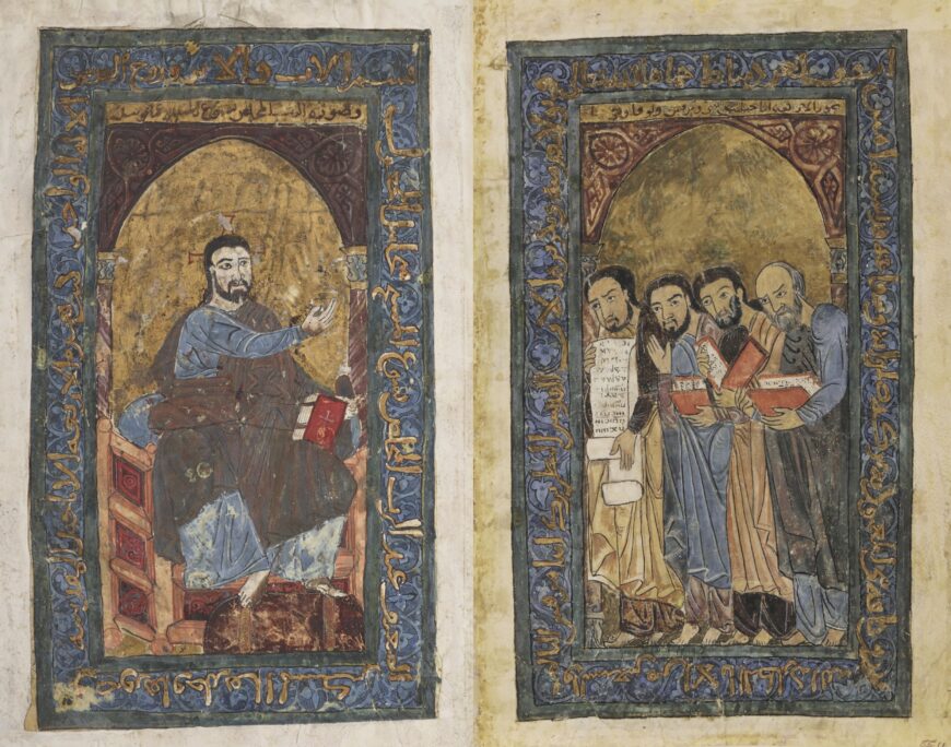 Left: Christ receiving the gospels from the four evangelists, Gospel Book, 1178–80, ink, opaque watercolor, and gold on parchment, 38.5 x 27.5 cm (Bibliothèque nationale de France, Paris, MS Copte 13, folio 2 verso); right: Four Evangelists, 1175–1200, opaque watercolor and gold on parchment, 35.6 x 22.8 cm (National Museum of Asian Art, Washington, D.C.)