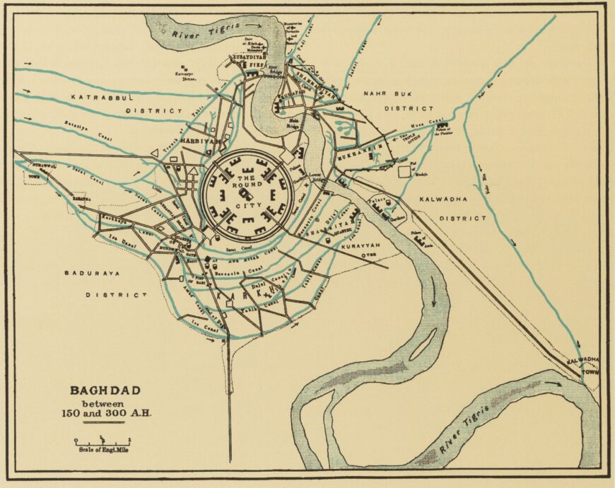 Map of the "Round City" of Mansur (Madinat al-Mansur al-Mudawwara) and Environs, 150–300 A.H. (photo: Archnet, from  Guy LeStrange, Baghdad during the Abbasid Caliphate: From Contemporary Arabic and Persian Sources, Oxford: Clarendon Press, 1900)