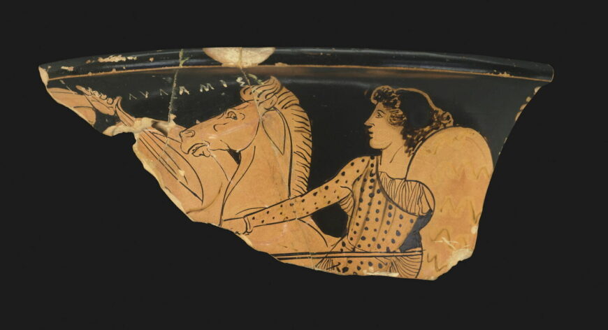 Sotades Painter, fragment of a red-figure cup, c. 460 B.C.E., ceramic, 11.4 cm diameter (Musée du Louvre, Paris)