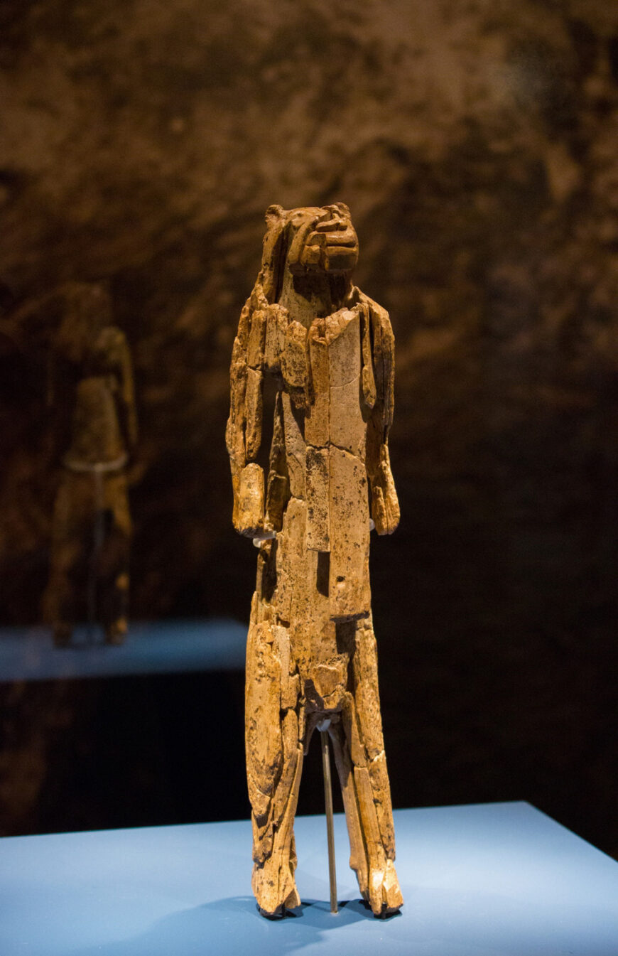 Ivory figure with lion head and partly human body standing upright, Stadel Cave, Baden-Württemberg, Germany, 40,000 years old (Museum Ulm)