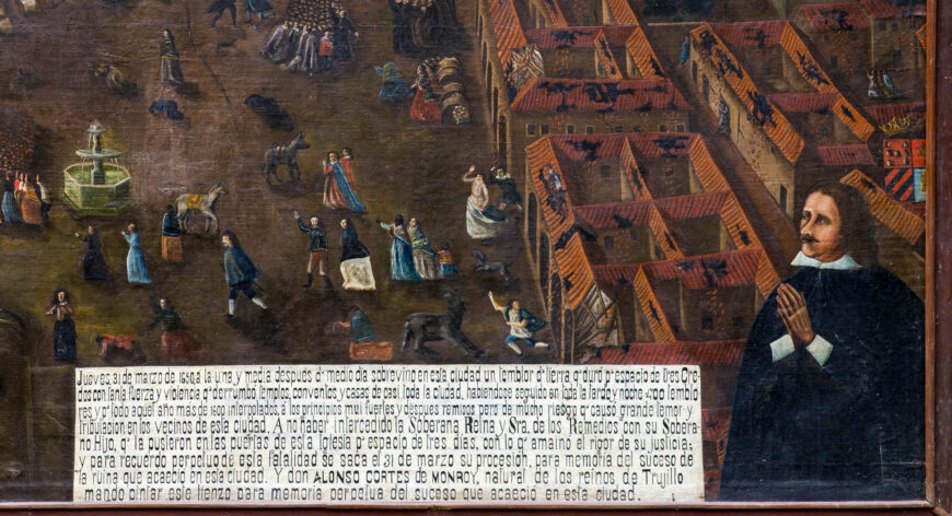 Portrait of Alonso Monroy y Cortes with text box at bottom (detail), Ex-voto of Cuzco’s 1650 Earthquake, 1651, oil on canvas, 3.34 x 4.62 m (Cathedral of Cuzco; photo: Raul Montero)