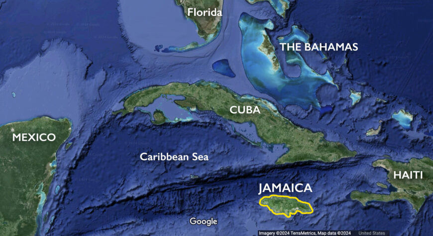 Jamaica in the Caribbean (underlying map © Google)