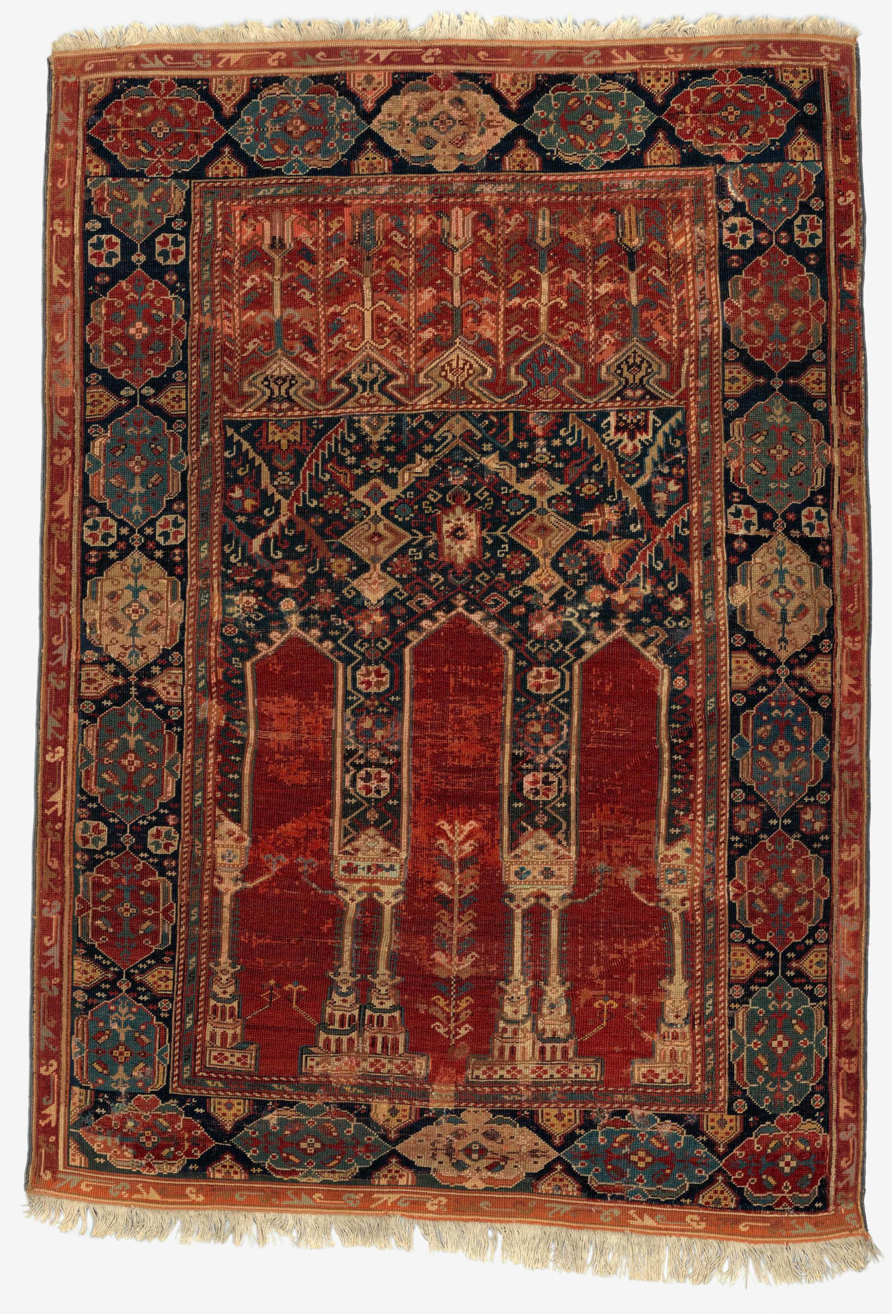 Prayer Rug with Coupled Columns, early 18th century (attributed to Turkey, probably Ladik, Konya), wool (warp, weft and pile), symmetrically knotted pile, 172.7 x 121.9 cm (The Metropolitan Museum of Art, New York)