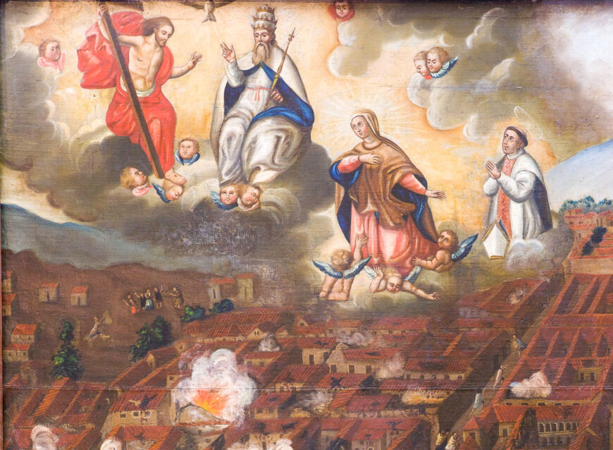 A divine scene at the top left (detail), Ex-voto of Cuzco’s 1650 Earthquake, 1651, oil on canvas, 3.34 x 4.62 m (Cathedral of Cuzco; photo: Raul Montero)