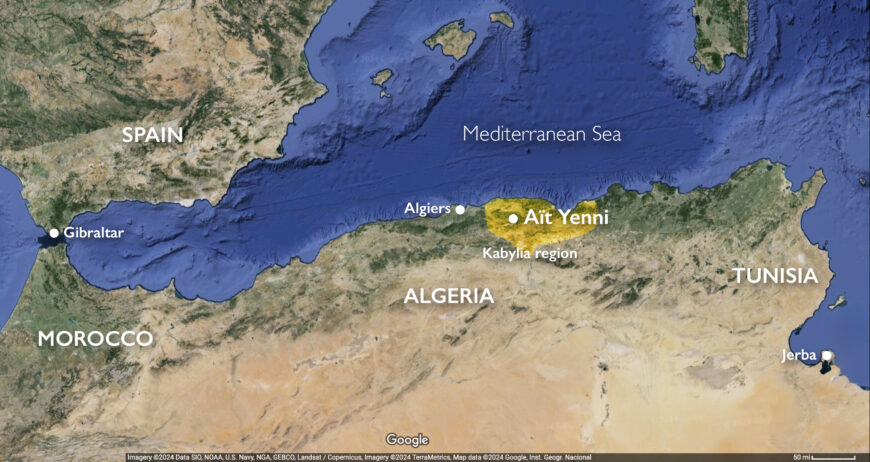 Map of North Africa showing Aït Yenni and the Kabylia region (underlying map © Google)