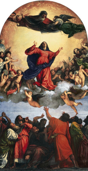 Titian, Assumption of the Virgin, 1516–18, oil on panel, 690 x 360 cm (Basilica di Santa Maria Gloriosa dei Frari, Venice)