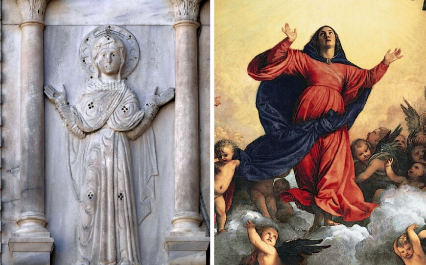 Left: Virgin Mary with orant gesture, north side of Saint Mark's Basilica, marble (Saint Mark's Basilica, Venice); right: Mary with orant gesture (detail), Titian, Assumption of the Virgin, 1516–18, oil on panel, 690 x 360 cm (Basilica di Santa Maria Gloriosa dei Frari, Venice)