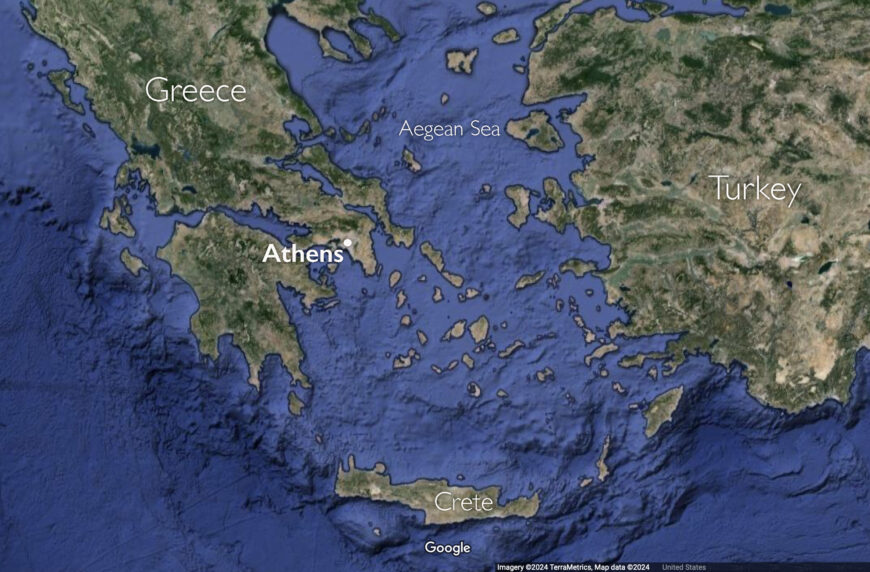 Map with the city of Athens and the island of Crete (underlying map © Google)