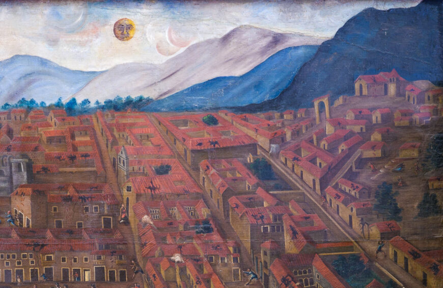 Simplified mountains in the background (detail), Ex-voto of Cuzco’s 1650 Earthquake, 1651, oil on canvas, 3.34 x 4.62 m (Cathedral of Cuzco; photo: Raul Montero)