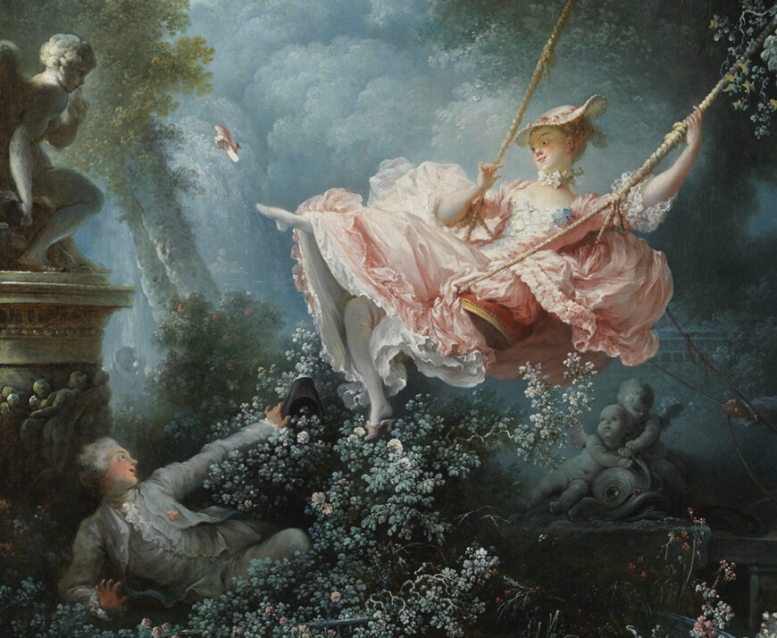 Sculpture on the left, female figure in the middle, and two cupid sculptures in the background (detail), Jean-Honoré Fragonard, The Swing, 1767, oil on canvas, 81 x 64.2 cm (Wallace Collection, London)