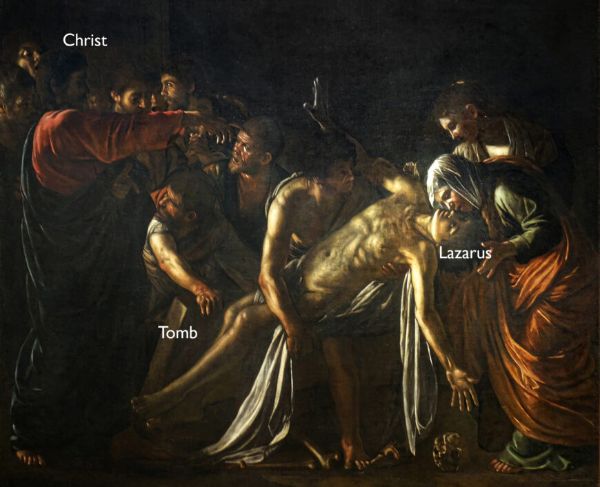 Christ resurrecting Lazarus (detail), Michelangelo Merisi da Caravaggio, Resurrection of Lazarus, c. 1609, oil on canvas, 380 x 275 cm (Museo di Messina)