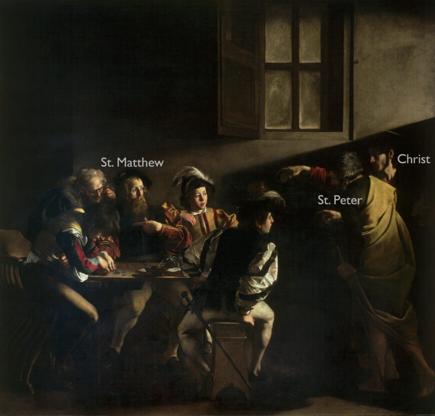 Michelangelo Merisi da Caravaggio, Calling of Saint Matthew, oil on canvas, c. 1599–1600, 322 x 340 cm (Contarelli Chapel, San Luigi dei Francesi, Rome)