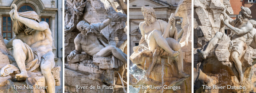 Figures representing the four rivers (detail), Gian Lorenzo Bernini, Fountain of the Four Rivers (Fontana dei Quattro Fiumi), Piazza Navona, Rome, commission by Pope Innocent X, 1651, marble (photos: Steven Zucker, CC BY-NC-SA 2.0)