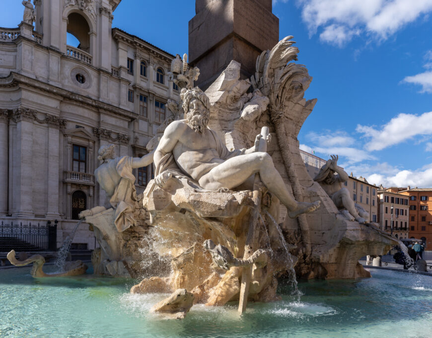 Figure personifying the Ganges river (detail), Gian Lorenzo Bernini, Fountain of the Four Rivers (Fontana dei Quattro Fiumi), Piazza Navona, Rome, commission by Pope Innocent X, 1651, marble (photo: Steven Zucker, CC BY-NC-SA 2.0)