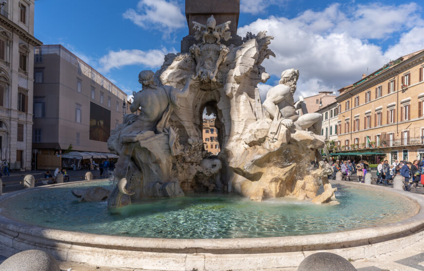 Travertine base (detail), Gian Lorenzo Bernini, Fountain of the Four Rivers (Fontana dei Quattro Fiumi), Piazza Navona, Rome, commission by Pope Innocent X, 1651, marble (photo: Steven Zucker, CC BY-NC-SA 2.0)