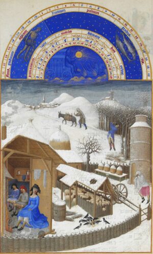 Herman, Paul, and Jean de Limbourg, February, from Les Très Riches Heures du Duc de Berry, 1413–16, ink on vellum (Musée Condé, Chantilly)