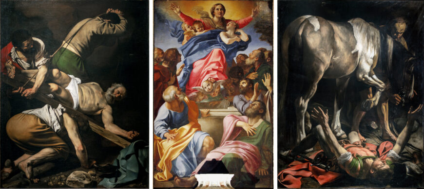 Left: Michelangelo Merisi da Caravaggio, The Crucifixion of Saint Peter, 1601, oil on canvas, 230 x 175 cm (Cerasi Chapel, Santa Maria del Popolo, Rome; photo: Steven Zucker, CC BY-NC-SA 2.0); center: Annibale Carracci, Assumption of the Virgin, c. 1600—02, oil on panel, 245 x 155 cm (Cerasi Chapel, Santa Maria del Popolo, Rome; photo: José Luiz, CC BY-SA 4.0); right: Michelangelo Merisi da Caravaggio, The Conversion of Saint Paul, c. 1601, oil on canvas, 237 x 189 cm (Cerasi Chapel, Santa Maria del Popolo, Rome; photo: Steven Zucker, CC BY-NC-SA 2.0)