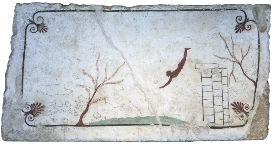 Cover, Tomb of the Diver, c. 470 B.C.E., true fresco on travertine, 111 x 210 cm (Museo Archeologico Nazionale di Paestum; photo: PaestumPaestum, CC BY-SA 4.0)