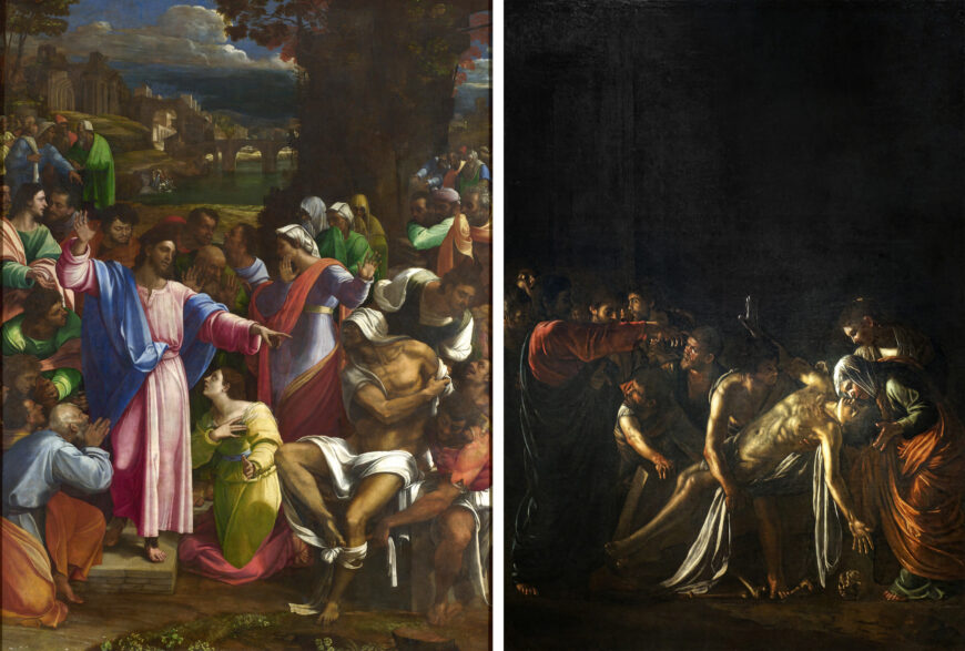 Left: Sebastiano del Piombo, The Raising of Lazarus, c. 1517–19, oil on canvas, 381 x 289.6 cm (National Gallery of Art, London); right: Michelangelo Merisi da Caravaggio, Resurrection of Lazarus, c. 1609, oil on canvas, 380 x 275 cm (Museo di Messina)