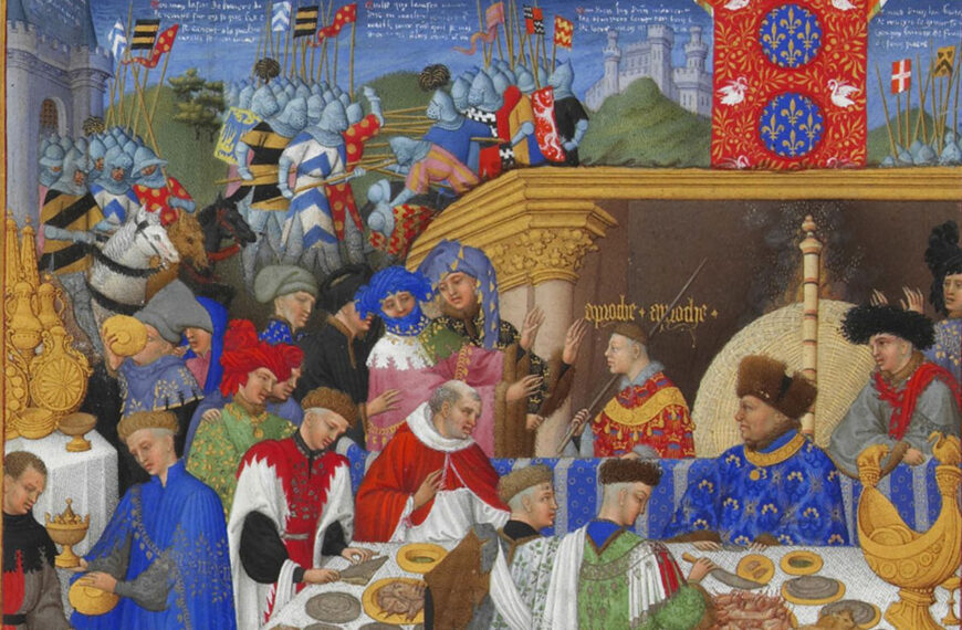 Gold fleur-de-lys in the blue circles against the red pillar, knights emerging from a castle at the back, and Duke in a blue robe at the head of the table (detail), Herman, Paul, and Jean de Limburg, January, from Les Très Riches Heures du Duc de Berry, 1413–16, ink on vellum (Musée Condé, Chantilly)