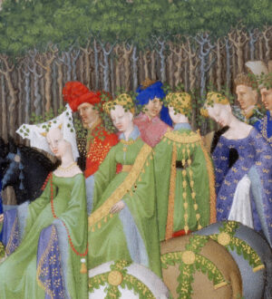 Decorative patterns on the clothing and trees (detail), Herman, Paul, and Jean de Limbourg, May, from Les Très Riches Heures du Duc de Berry, 1413–16, ink on vellum (Musée Condé, Chantilly)