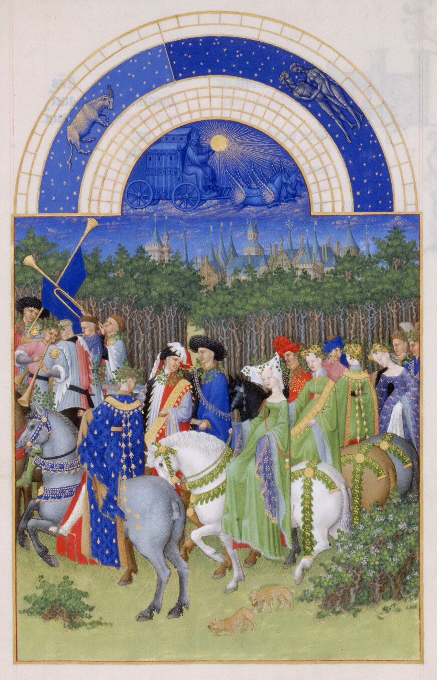 Herman, Paul, and Jean de Limbourg, May, from Les Très Riches Heures du Duc de Berry, 1413–16, ink on vellum (Musée Condé, Chantilly)