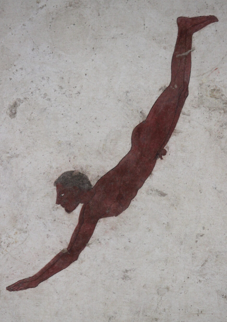 Diver (detail), cover, Tomb of the Diver, c. 470 B.C.E., true fresco on travertine (Museo Archeologico Nazionale di Paestum; photo: Miguel Hermosa Cuesta, CC BY-SA 4.0)