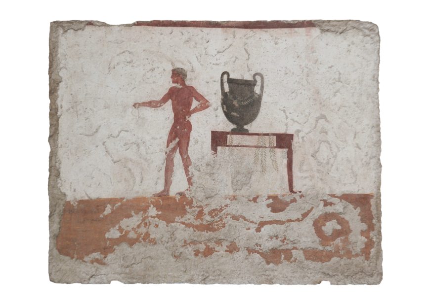 East wall, Tomb of the Diver, c. 470 B.C.E., true fresco on travertine, 78 x 96 cm (Museo Archeologico Nazionale di Paestum; photo: Ingo Mehling, CC BY-SA 4.0)