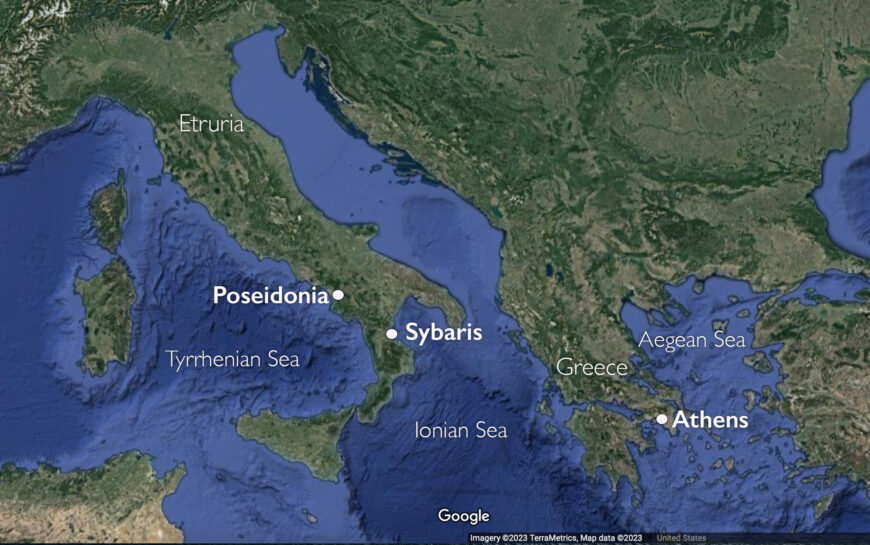 Map of the Mediterranean with Poseidonia, Sybaris, and Athens (underlying map © Google)