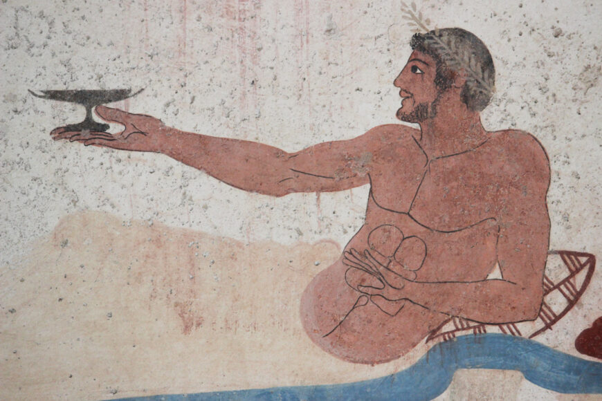 Symposiast on north wall (detail), Tomb of the Diver, c. 470 B.C.E., true fresco on travertine, 78 x 96 cm (Museo Archeologico Nazionale di Paestum; photo: Miguel Hermoso Cuesta, CC BY-SA 4.0)