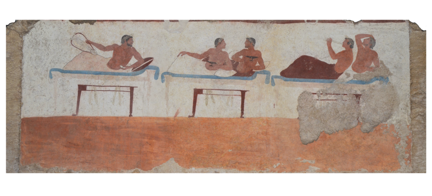 South wall, Tomb of the Diver, c. 470 B.C.E., true fresco on travertine, 79 x 193 cm (Museo Archeologico Nazionale di Paestum; photo: Carole Raddato, CC BY-SA 2.0)