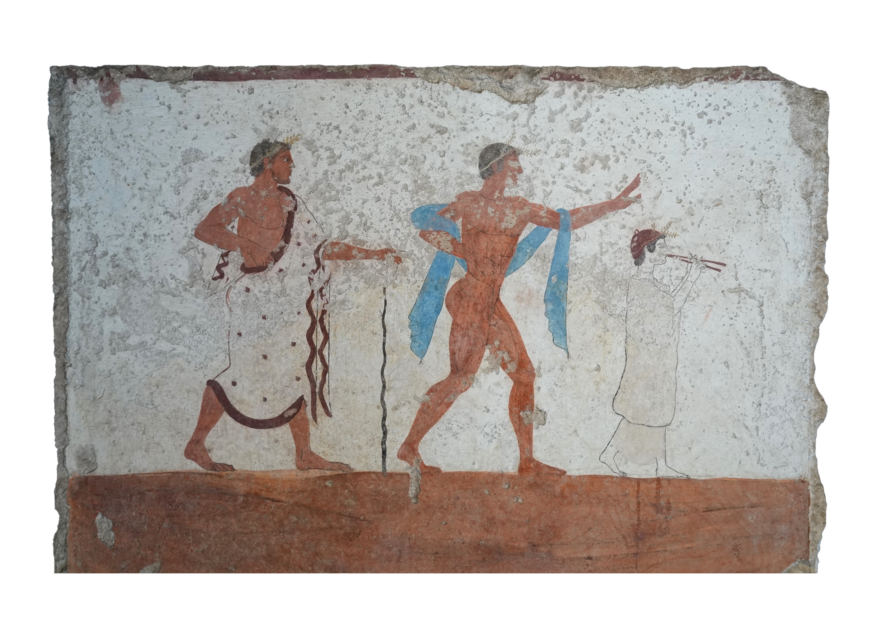 West wall, Tomb of the Diver, c. 470 B.C.E., true fresco on travertine, 78 x 98 cm (Museo Archeologico Nazionale di Paestum; photo: Prof. Mortel, CC BY 2.0)