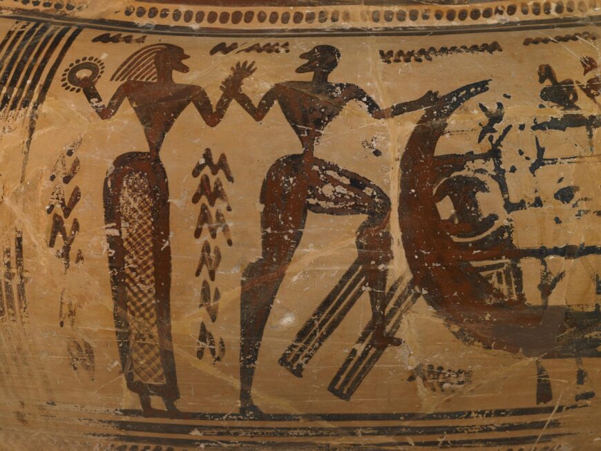 Couple (detail), krater with ship scene, c. 735 B.C.E., ceramic (© The Trustees of the British Museum, London)