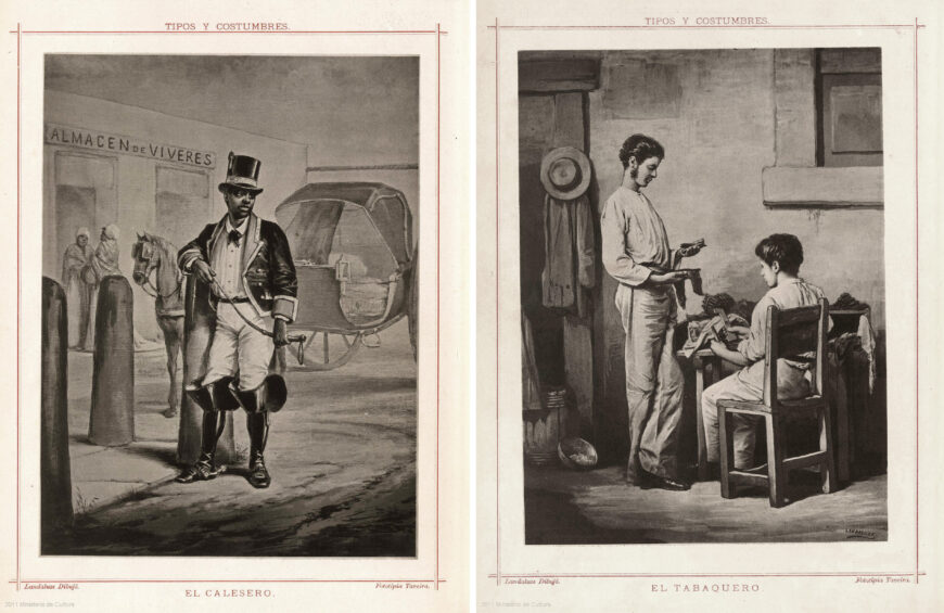 Víctor Patricio Landaluze, The Coach Driver (left) and The Cigar Maker (right), in Antonio Bachiller y Morales, Tipos y costumbres de la isla de Cuba: colección de artículos por los mejores autores de este género, Havana: Miguel de Villa, 1881, 25 x 33 cm (Museo de América, Madrid)