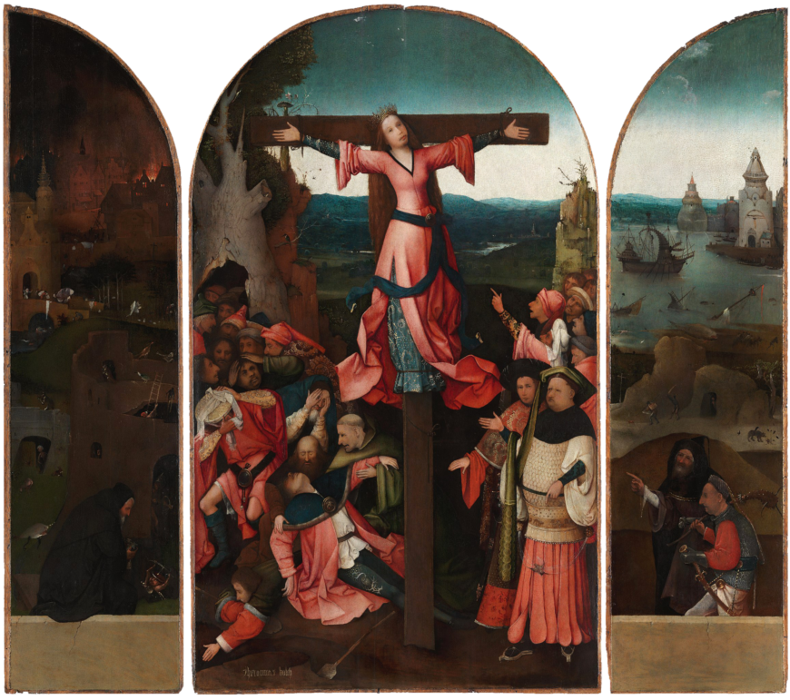 Hieronymus Bosch, The Crucifixion of Saint Wilgefortis, c. 1497, oil on panel, 104 x 119 cm (Gallerie dell'Accademia, Venice)