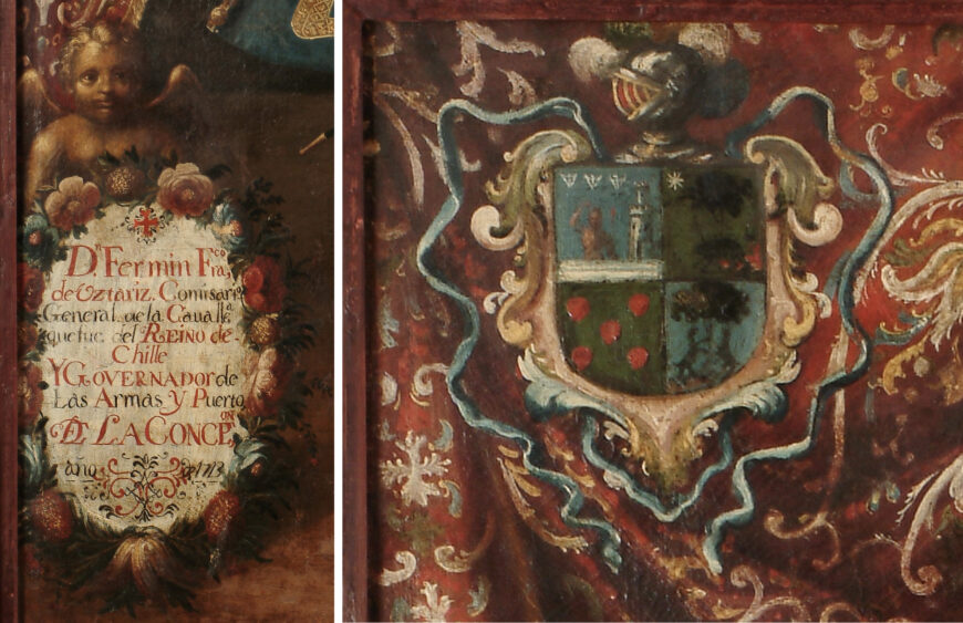 Cartouche with floral frame (left) and Ustaríz coat of arms (right), details of Portrait of Fermín Francisco de Ustaríz, 1723, oil on canvas, 198 x 128 cm (Pinacoteca Universidad de Concepción)