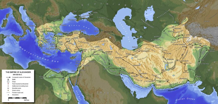 Map of Alexander the Great's conquests, c. 338–328 B.C.E. (map: Generic Mapping Tools, CC BY-SA 3.0)