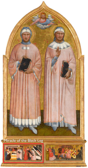 Master of the Rinuccini Chapel (Matteo di Pacino), Saint Cosmas and Saint Damian, c. 1370–75, tempera and gold leaf on panel, 79.4 x 135.6 cm (North Carolina Museum of Art, Raleigh)