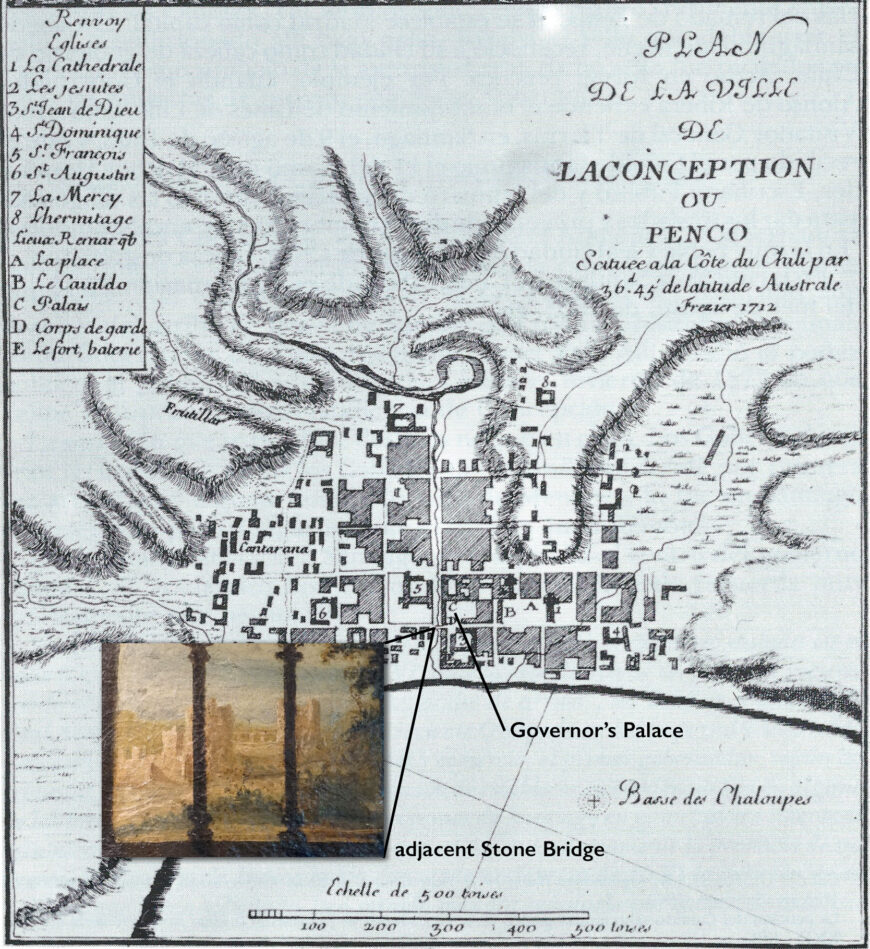 Amédée Frézier, Plan and View of Concepción, Chile, 1712, and bridge detail from Portrait of Fermín Francisco de Ustaríz, 1723, oil on canvas, 198 x 128 cm (Pinacoteca Universidad de Concepción)