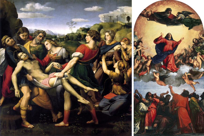 Left: Raphael, The Deposition, 1507, oil on wood panel, 179 x 174 cm (Borghese Gallery, Rome); right: Titian, Assumption of the Virgin, 1516–18, oil on panel, 690 x 360 cm (Basilica di Santa Maria Gloriosa dei Frari, Venice)