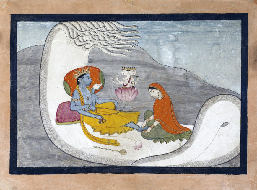 Thread emerging from Vishnu's navel. Unidentified artist, Vishnu Reclining on the Serpent Shesha, c. 1775–1800, opaque watercolor and gold paint on paper, 12.7 x 19.4 cm (The Walters Art Museum, Baltimore)