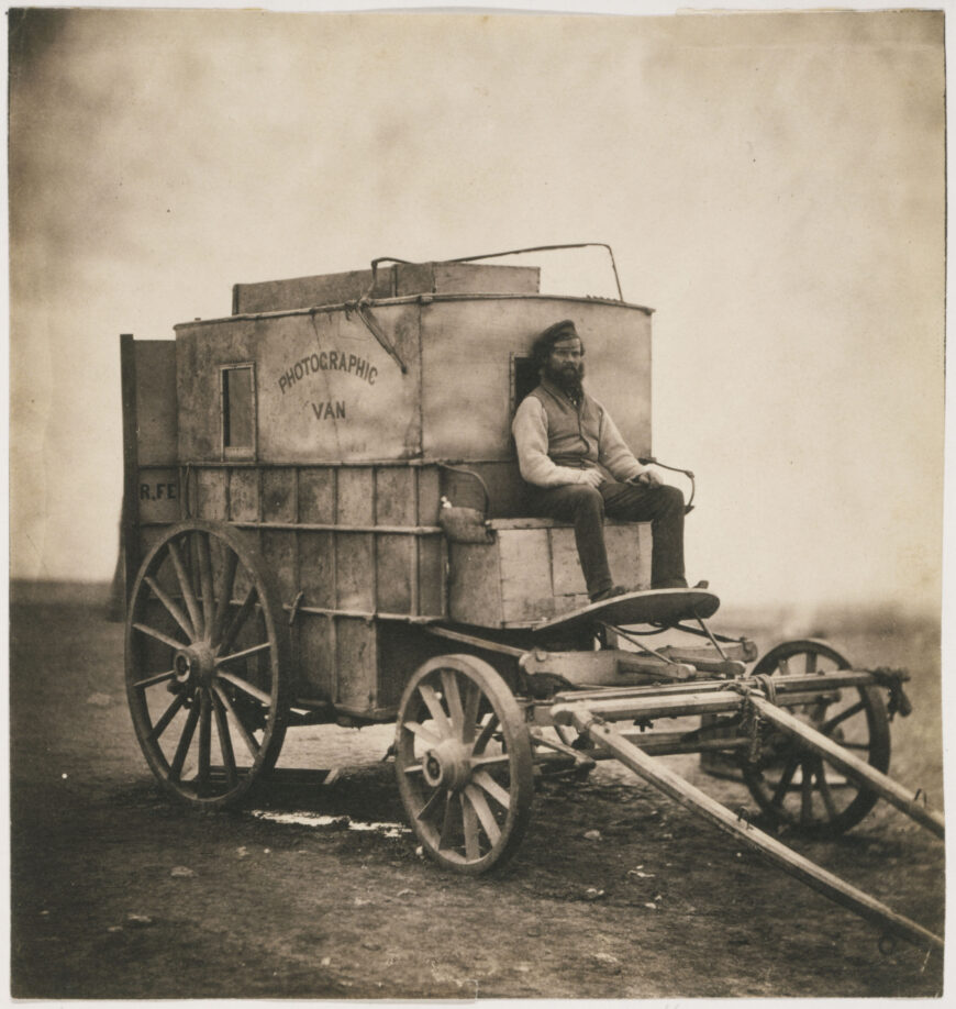 Roger Fenton, <em>The artist's van</em>, 1855, salted paper print, 17.5 x 16.5 cm (Library of Congress)