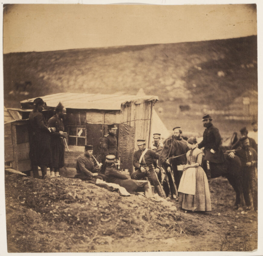 Roger Fenton, <em>Camp of the 4th Dragoons, convivial party, French & English</em>, 1855, salted paper print, 16.8 x 17 cm (Library of Congress)