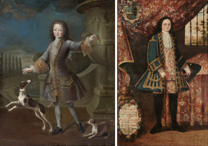 Left: Pierre Gobert, Portrait of Louis XV with Two Dogs, c. 1715, oil on canvas, 164.5 x 130 cm (private collection); right: Portrait of Fermín Francisco de Ustaríz, 1723, oil on canvas, 198 x 128 cm (Pinacoteca Universidad de Concepción)