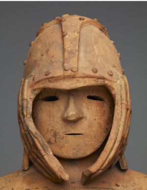 Face (detail), Haniwa Armored Man, National Treasure, excavated in Iizuka-machi, Ota City, Gunma Prefecture, 6th century (Kofun period), 130.5 cm high (Tokyo National Museum)