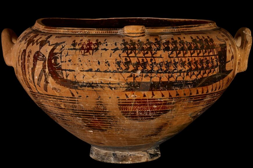 Krater with ship scene, c. 735 B.C.E., ceramic, 30.5 x 38 cm (© The Trustees of the British Museum, London)