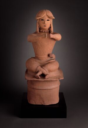 Haniwa: Tomb Sculpture of a Seated Noble, c. 500–600 C.E. (late Tumulus period, Japan), coil-built earthenware with applied decoration, 78.7 x 36.5 x 38.1 cm (Los Angeles County Museum of Art)