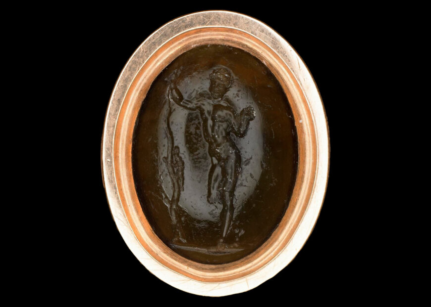 Roman gem engraved with Apollo Sauroktonos, c. 1st–3rd century C.E., plasma, 1.4 x 1 cm (© The Trustees of the British Museum, London)